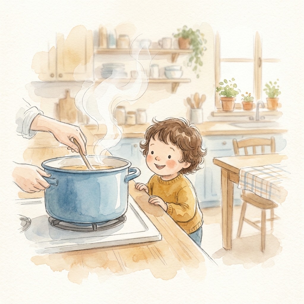 A child watching the big blue pot make lunch