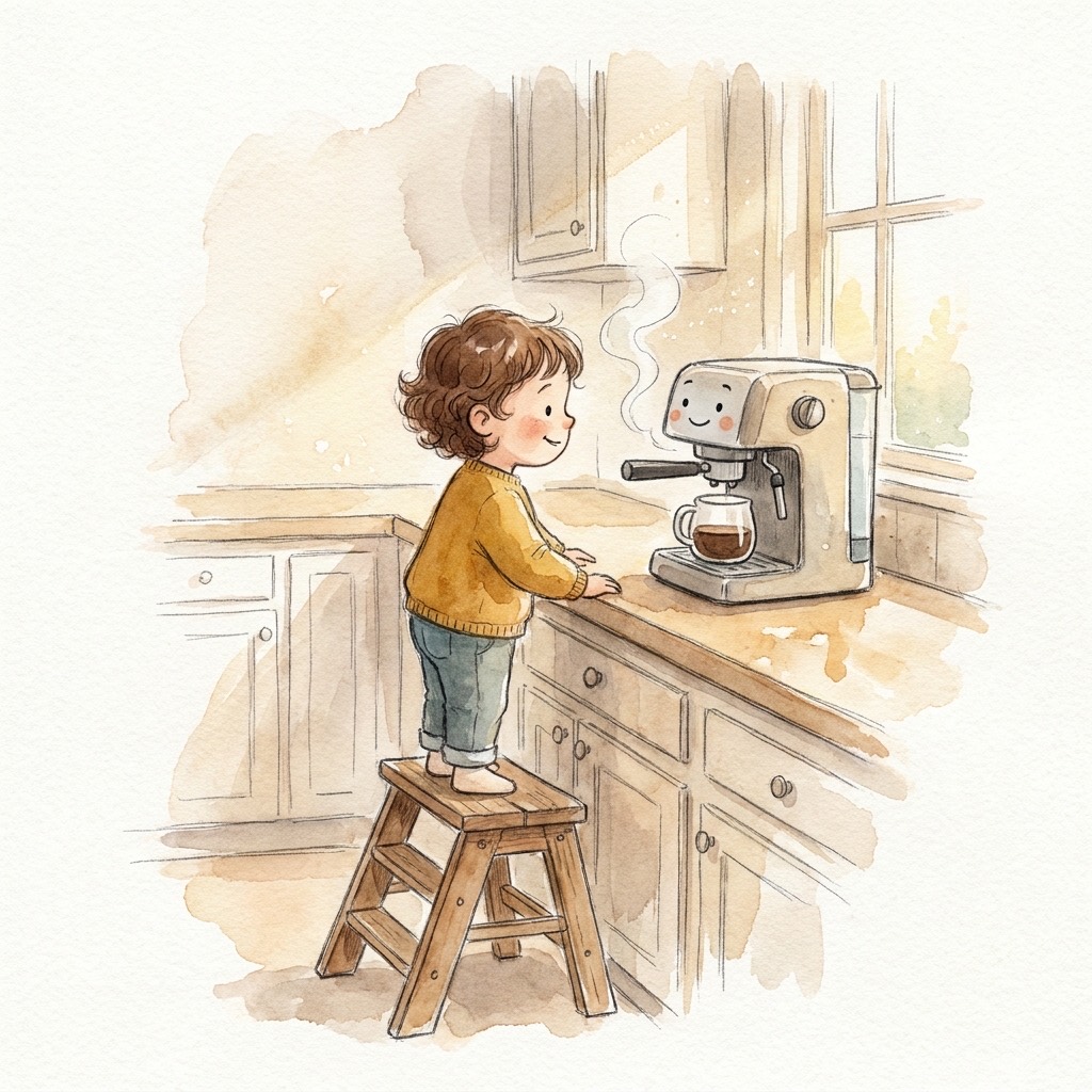A child on a step stool watching the coffee machine say good morning