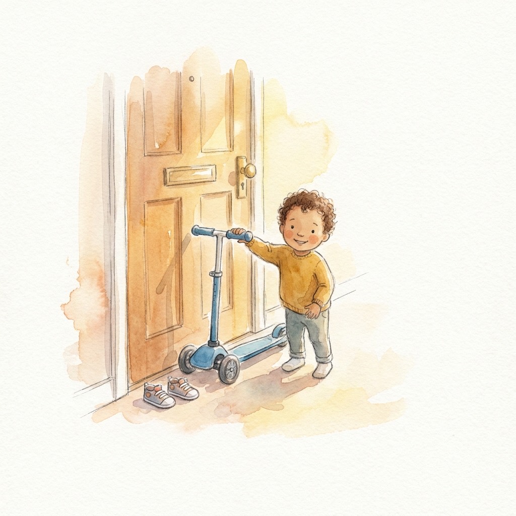 A child reaching for the scooter waiting by the door