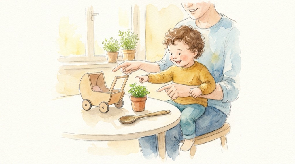 A parent and child pointing together at their everyday favorite things on the kitchen table